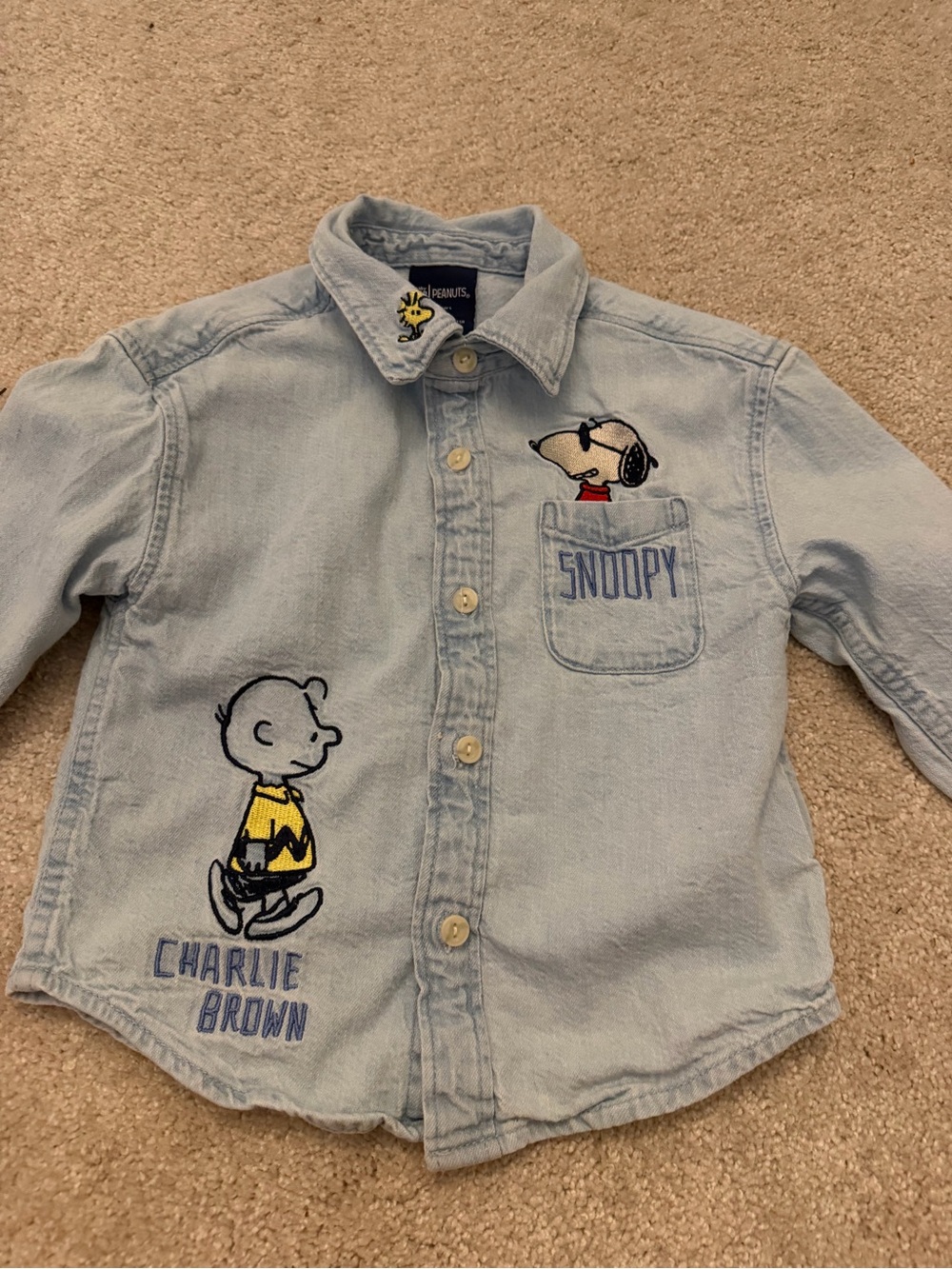 GAP Light Blue Denim Button-Down Shirt with Snoopy & Charlie Brown